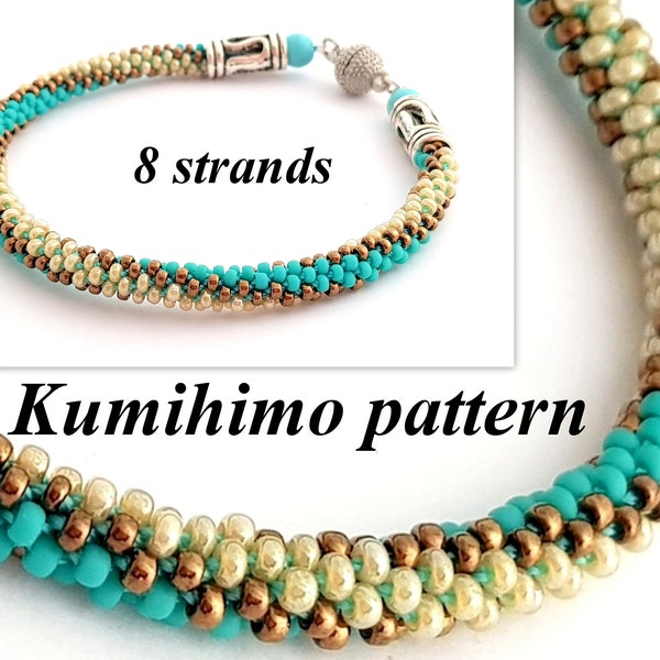 8 strands Kumihimo PDF Pattern and Full Tutorial Seed Beads Bracelet Braided Rope Stripes Turquoise Bronze Elegant Evening Jewellery