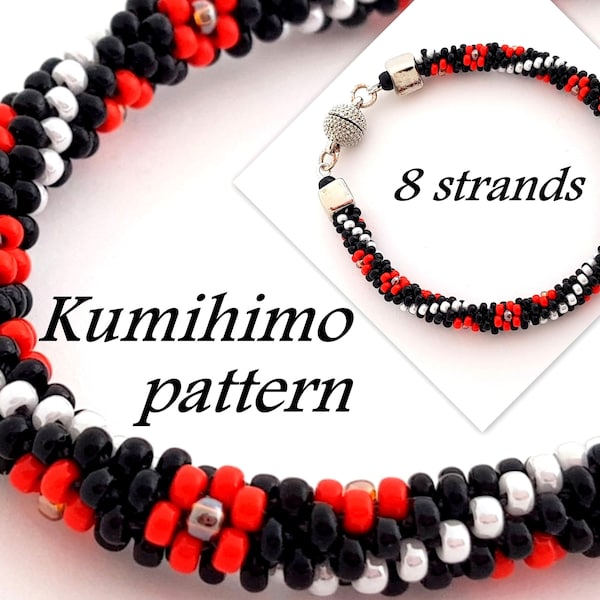 8 strand Beaded Kumihimo PDF Pattern Tutorial Red Flowers seed bead Bracelet Braid Rope Spiral Ethnic Tribal