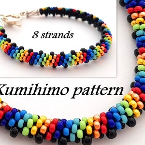 May include: A Kumihimo pattern bracelet with 8 strands, featuring a vibrant rainbow color scheme. The bracelet is made of small, colorful beads, with a silver clasp. The text "8 strands" is visible.