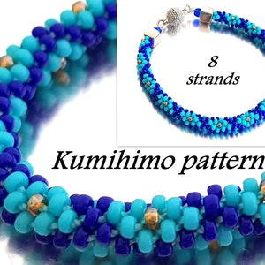 May include: A blue and turquoise beaded bracelet with a silver clasp. The bracelet is made with 8 strands of beads and is a Kumihimo pattern.