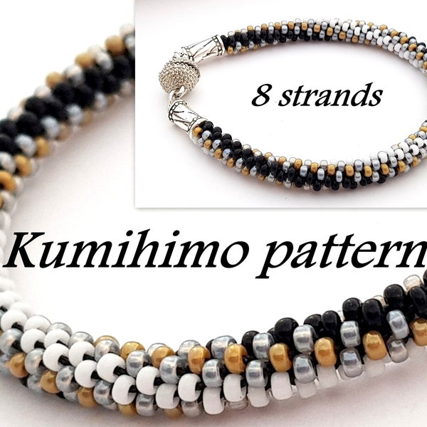 Beaded Kumihimo PDF Pattern and Full Tutorial 8 strand Seed Bead Bracelet Ombre Black and White Elegant Classic Jewellery Instant Download