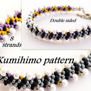 May include: A double-sided bracelet made with a Kumihimo pattern using 8 strands of beads in purple, yellow, black, white, and silver. The bracelet is shown on a white background.