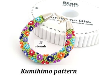 16 strand beaded kumihimo flowers bracelet PDF pattern and tutorial instant download seed bead braided rope bright colors