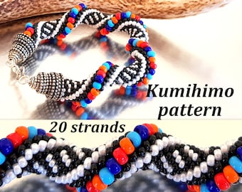 May include: A close-up of a black, white, blue, orange, and turquoise beaded bracelet made with the kumihimo technique. The bracelet is made with 20 strands of beads and has a silver clasp. The text "Kumihimo pattern" is visible in the image.