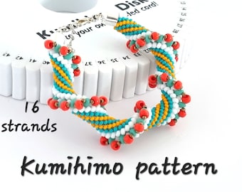 Patrón kumihimo con cuentas de 16 hebras y tutorial PDF descarga instantánea pulsera de cuentas rayas onduladas espiral retorcida patrón de cuentas cellini