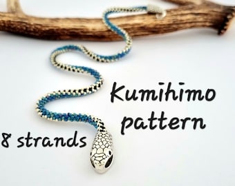 8 strand beaded kumihimo PDF pattern and tutorial blue snake seed bead choker necklace or double wrap bracelet instant download