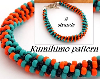 Tutorial de patrón Kumihimo con cuentas de 8 hebras, pulsera tribal con cuentas de semillas, color naranja, turquesa, colorida, trenzada, cuerda de cuentas étnicas, joyería trenzada