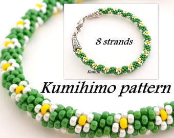 Daisy 8 Strand Beaded Kumihimo PDF Pattern Tutorial Seed Bead Flowers Bracelet Braid Rope Bangle Instant Download