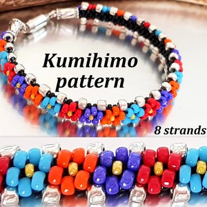 May include: A colorful Kumihimo pattern bracelet with a silver clasp. The bracelet features red, orange, blue, and purple beads, with silver accents. The text "Kumihimo pattern" and "8 strands" are visible.