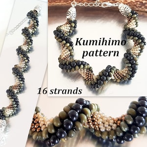 May include: A green, black, and white beaded bracelet made with the kumihimo technique. The bracelet is made with 16 strands of beads and has a silver clasp. The text "Kumihimo pattern" and "16 strands" is visible in the image.