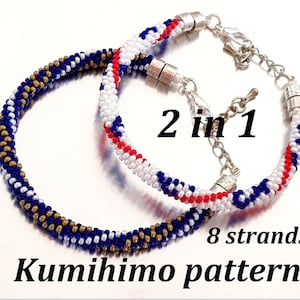 May include: Two beaded bracelets, one with gold, white, and blue beads, and the other with red, white, and blue beads. Both bracelets are made with 8 strands of beads and have silver clasps. The bracelets are labeled "2 in 1" and "Kumihimo pattern".