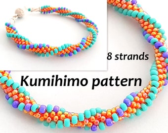 8 strands Beaded Kumihimo PDF Pattern and Full Tutorial Wavy Twisted Spiral Stripes Multi Color Seed Beads Braided Bracelet