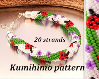 20 hebras con cuentas Kumihimo Tutorial Patrón Semillas Cuentas Mariquitas Pulsera Trenza Cuerda Joyería para niños Verano Colorido PDF Diseño de cuentas