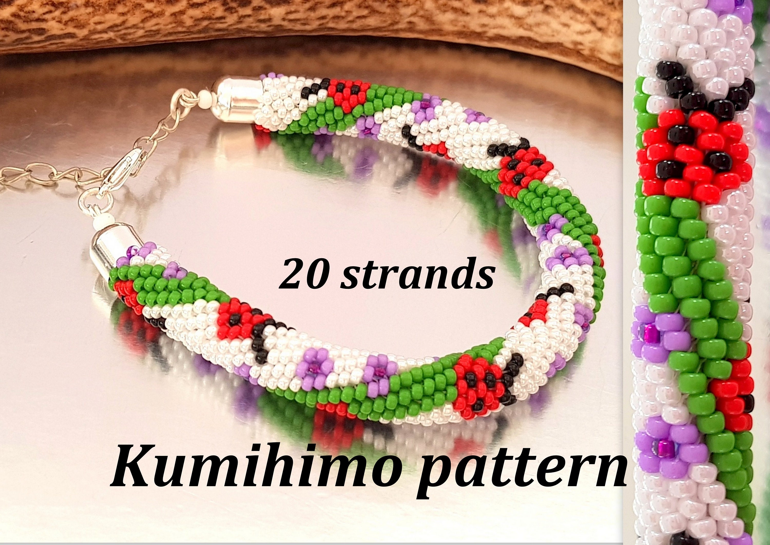 20 Strands Beaded Kumihimo Tutorial Pattern Seed Beads Ladybirds Bracelet  Braid Rope Kids Jewellery Summer Colorful PDF Bead Layout 