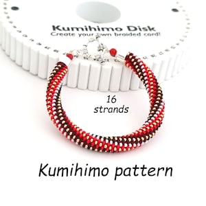 May include: A red, white, gold and black beaded bracelet made using a kumihimo technique. The bracelet is 16 strands and is shown on a white kumihimo disk. The text "Kumihimo Disk Create your own braided cord!" and "16 strands" and "Kumihimo pattern" are visible in the image.