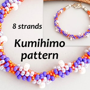 8 Strands Beaded Kumihimo Bracelet PDF Pattern and Full Tutorial Half circle Seed beads Jewellery Braid Rope Orange Purple
