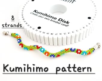 8 hebras con cuentas kumihimo semilla pulsera patrón PDF y tutorial descarga instantánea flores retorcidas espiral colorida joyería de verano