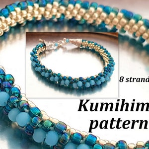 May include: A Kumihimo pattern bracelet in shades of blue, teal, and gold, with 8 strands. The image includes the text "Kumihimo pattern". The bracelet is a close-up shot.