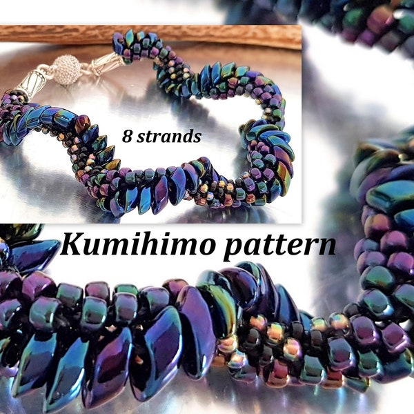 8-pasmowa bransoletka z koralików Kumihimo Wzór samouczek Skręcona spiralna lina warkoczowa Smok Fioletowe koraliki nasienne Długie koraliki Magatama