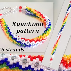 May include: A rainbow colored Kumihimo bracelet made with 16 strands of beads. The bracelet is made with a pattern of red, orange, yellow, green, blue, white, and silver beads. The bracelet is shown in two different positions, one with the clasp visible and the other with the beads in focus.