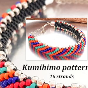 May include: A colorful beaded bracelet with a black and silver center, made with the kumihimo technique. The bracelet is 16 strands and has a silver clasp.