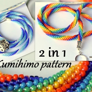 May include: Two Kumihimo cords, one in rainbow colors and one in blue and white, with silver clasps. The cords are made of small beads and are twisted together. The image text reads "2 in 1 Kumihimo pattern".