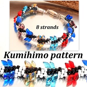 May include: A close-up of a colorful beaded bracelet made with the kumihimo technique. The bracelet is made with 8 strands of beads in shades of blue, red, gold, and white. The bracelet has a clasp closure. 8 strands.