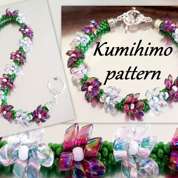 Pink Flowers Beaded Bracelet Kumihimo 8 strands Loaiding Braiding Instructions Pattern Tutorial Seed beads Magatama Colourful Unusual Unique