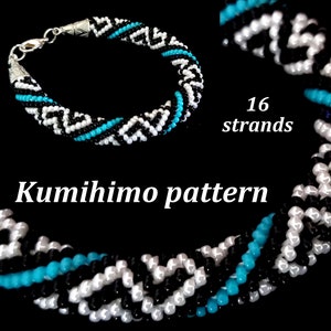 May include: A close-up of a black, white and turquoise beaded bracelet and necklace made using the kumihimo technique. The necklace is 16 strands and the bracelet is a smaller version of the same pattern. The text "Kumihimo pattern" is visible in the image.