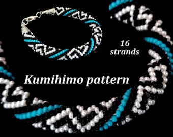 May include: A close-up of a black, white, and turquoise beaded bracelet and necklace made with the kumihimo technique. The necklace is 16 strands and the bracelet is a smaller version of the same pattern. The text "Kumihimo pattern" is visible in the image.