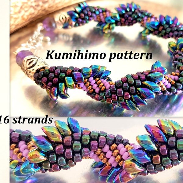 16 pasm Kumihimo Seed Beads Braid Bransoletka Wzór Samouczek PDF Układ Fioletowy Liliowy Kobiecy Unikalny Falisty Skręcony Spiral Cellini