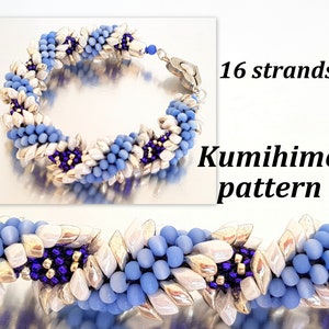 May include: A blue and silver beaded bracelet made with the kumihimo technique. The bracelet is made with 16 strands of beads and has a silver clasp. 16 strands Kumihimo pattern.