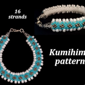 May include: A turquoise and white beaded bracelet with silver clasps. The bracelet is made using the Kumihimo technique, a Japanese braiding method. The image text reads "16 strands" and "Kumihimo pattern".