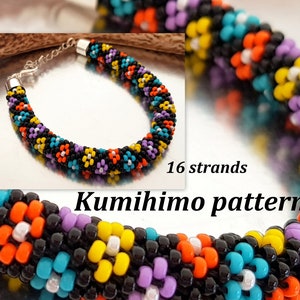 Op de afbeelding: Een kleurrijke kralen armband gemaakt met een kumihimo patroon. De armband is gemaakt met 16 strengen kralen in zwart, oranje, geel, turquoise en paars. De armband is vastgemaakt met een zilveren sluiting.