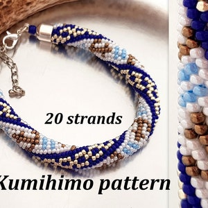 May include: A blue, white, and gold beaded bracelet made with the kumihimo technique. The bracelet is made with 20 strands of beads and has a silver clasp. "Kumihimo pattern" is written below the bracelet.