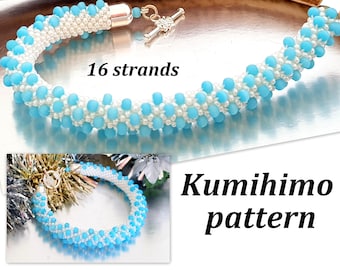 May include: A blue and white beaded bracelet made with the Kumihimo technique. The bracelet is made with 16 strands of beads and has a silver clasp. The bracelet is shown on a white surface and a close-up of the bracelet is shown on a gold and white surface.