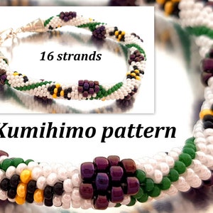 May include: A close-up of a white, green, purple, and gold beaded bracelet made with the kumihimo technique. The bracelet is made with 16 strands of beads and has a silver clasp.  The text "Kumihimo pattern" is visible below the bracelet.