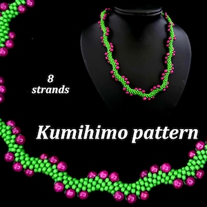 May include: A close-up of a green and pink beaded necklace with a Kumihimo pattern. The necklace is made with 8 strands of beads and is displayed on a black mannequin.