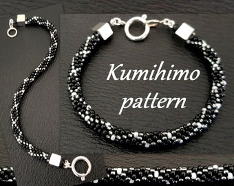 8 strands Kumihimo Bracelet Pattern Tutorial Black Silver Net PDF Loading Braiding Instruction Elegant Stylish Contemporary Seed Beads