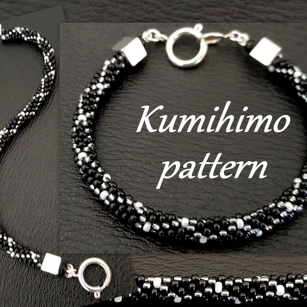 8 strands Kumihimo Bracelet Pattern Tutorial Black Silver Net PDF Loading Braiding Instruction Elegant Stylish Contemporary Seed Beads