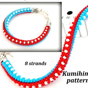8-trådigt pärlbesatt kumihimo patriotiskt armband PDF-mönster och handledning blå röda rosor pärlor flätat rep