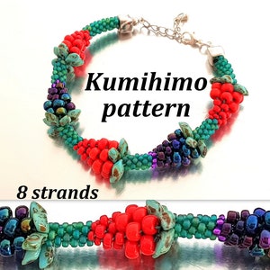 Op de afbeelding: Een kralen Kumihimo armbandpatroon met rode, teal en paarse kralen. De armband heeft een bloemenontwerp met de tekst "Kumihimo pattern" en "8 strands". De armband staat op een zilveren achtergrond.