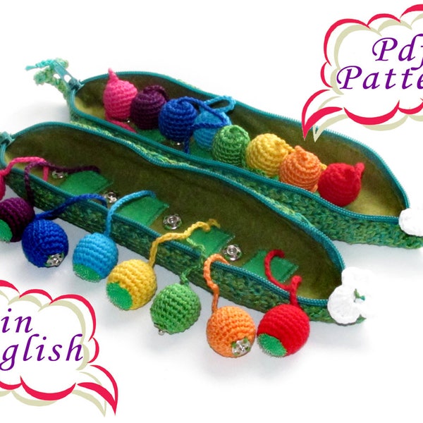 Pattern PDF in English - Rainbow pea pod crochet knitted - Zip Buttons - Pretend play food - Tactile Sensory Montessori Game - Amigurumi toy