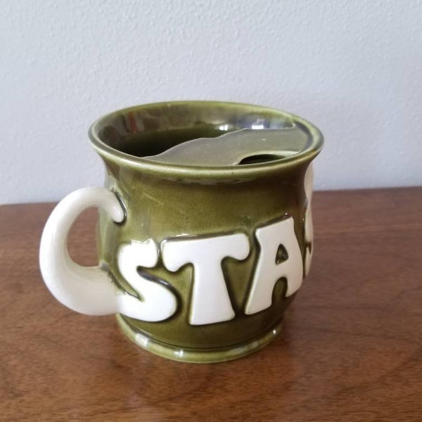 Vintage Mustache Mug Stash Stache Olive Green Men's Coffee Mug Double Handled