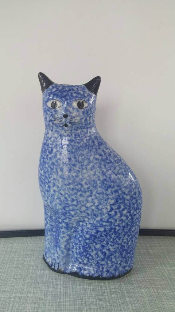 Vintage Ceramic Calico Cat Enesco Blue White Cat Figurine Etsy