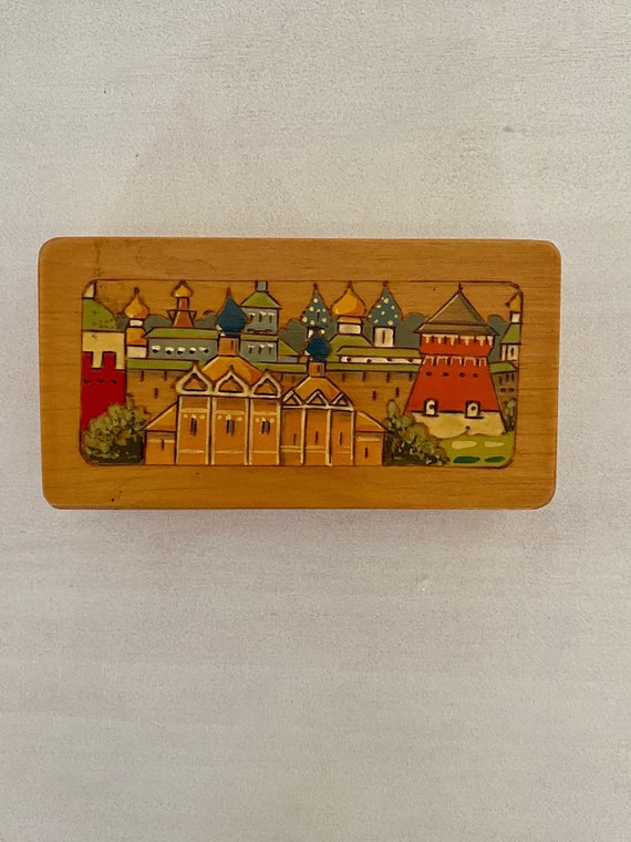 Vintage Wooden Russian Trinket Box | Pyrographic A