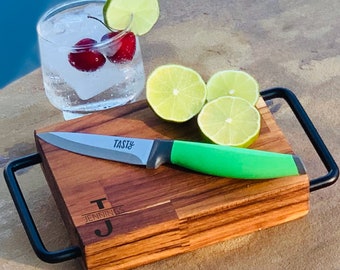 Bar Cart Cutting Board | Thick Oak with Black Metal Handles | Personalized