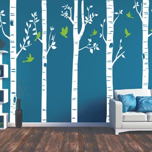 Birch Trees Wall Decal, Baby Nursery Wall Stickers, Forest Pine Tree and Birch Trees Wall Decal, Winter Tree Decals, birch trees birds c369