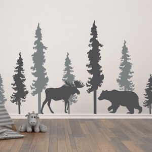 Woodland Bear and Moose Vinyl Wall Decal Pine Trees Forest Animals Custom Decor Forest Mural for Home Child 421