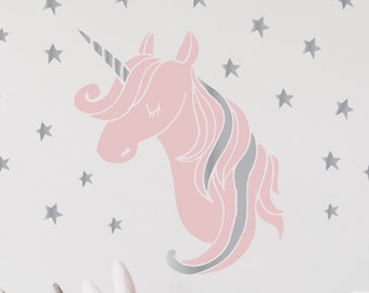 Unicorn with Stars Decal, Unicorn Wall Decal, Many Color Options, Stars Decals, Wall Decal Nursery, Unicorn Decor, Metallic Silver Gold c481